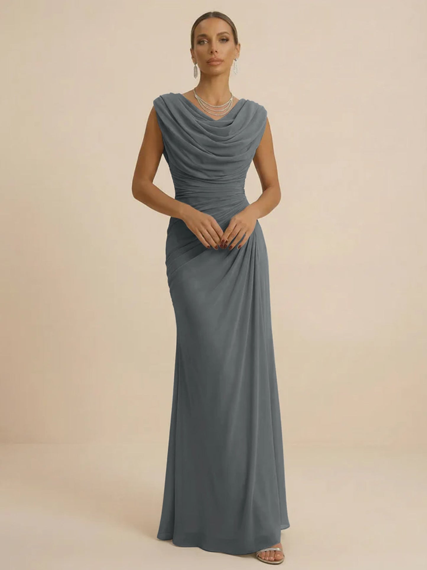 Mist | Draped Cowl Neck Ruched Chiffon Wedding Guest Dress