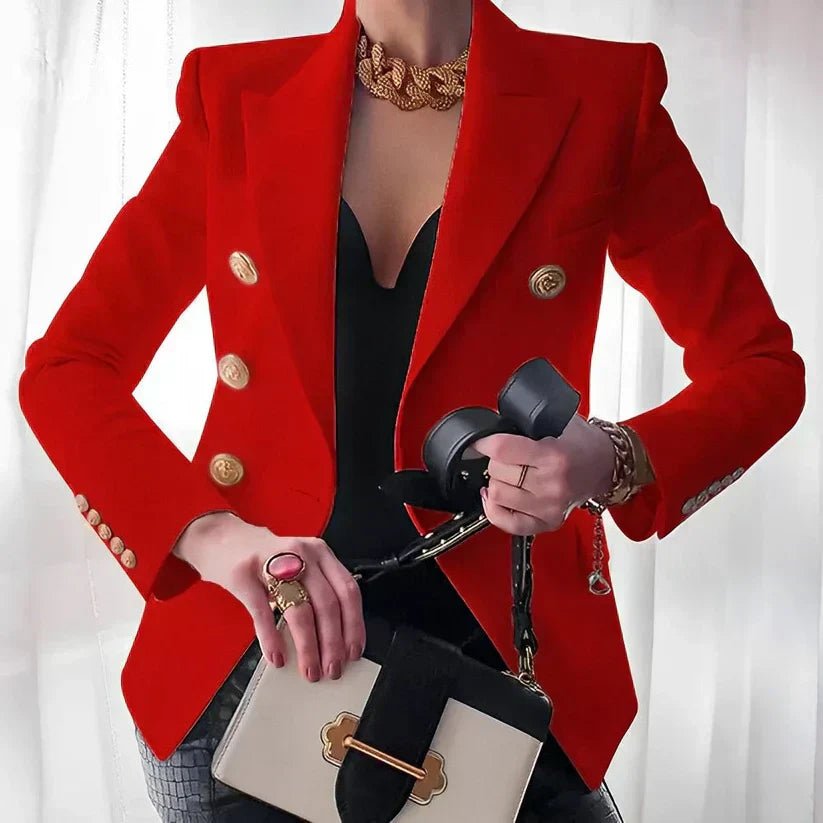 Women's Double-Breasted Blazer with Gold Buttons and Tailored Peak Lapel