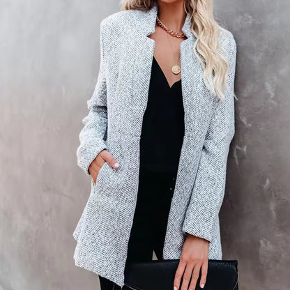 Women's Herringbone Textured Blazer Collarless Open Front Coat