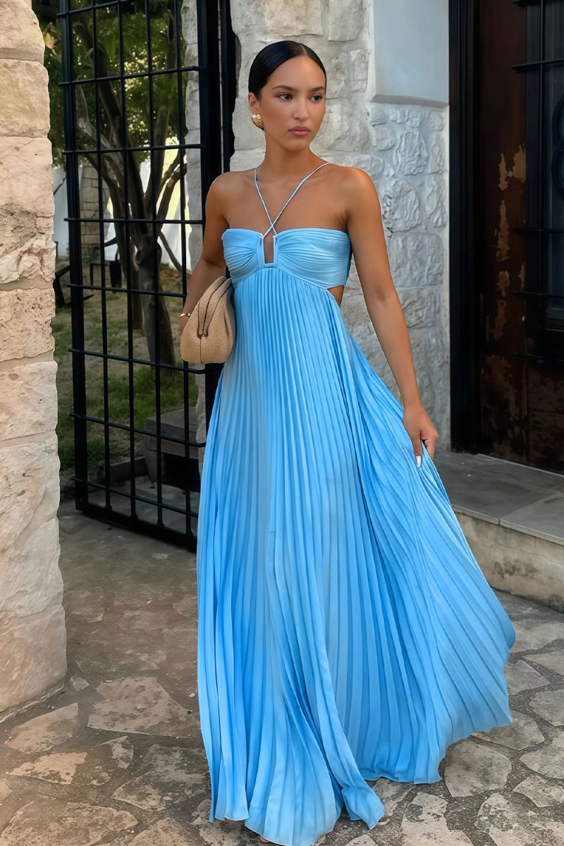 Aubrey | Halter Front-Pleated Backless Maxi Wedding Guest Dress
