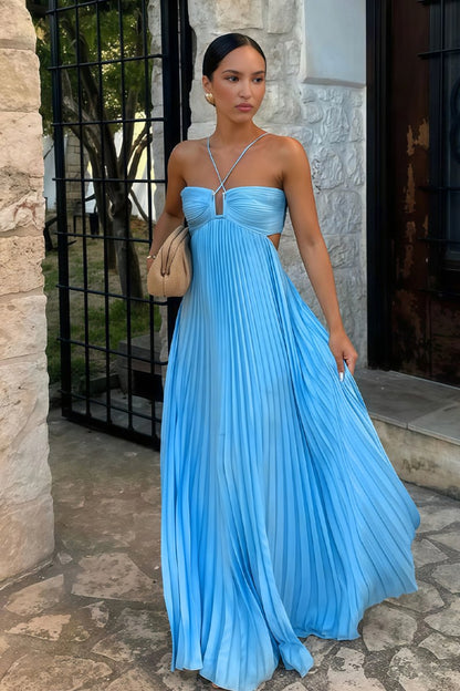 Aubrey | Halter Front-Pleated Backless Maxi Wedding Guest Dress