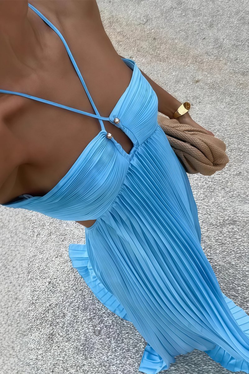 Aubrey | Halter Front-Pleated Backless Maxi Wedding Guest Dress