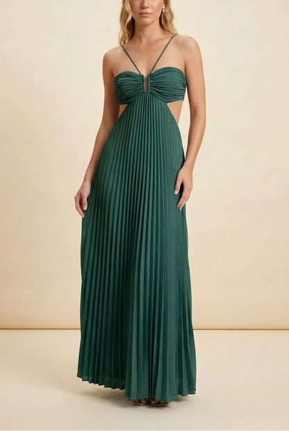 Aubrey | Halter Front-Pleated Backless Maxi Wedding Guest Dress