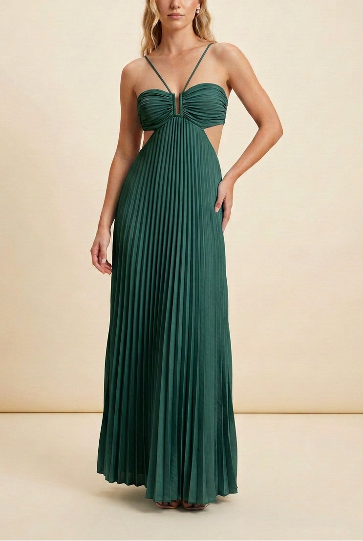Aubrey | Halter Front-Pleated Backless Maxi Wedding Guest Dress