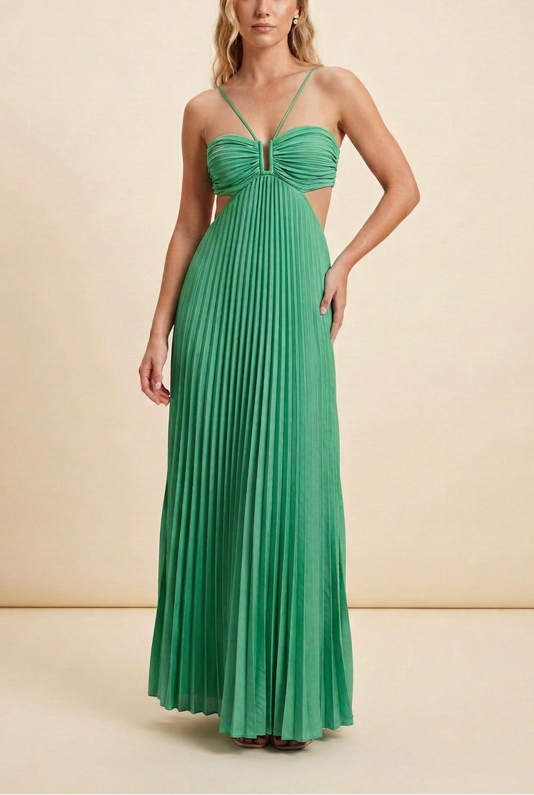 Aubrey | Halter Front-Pleated Backless Maxi Wedding Guest Dress