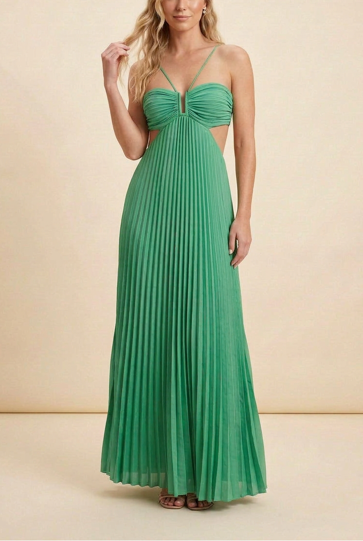 Aubrey | Halter Front-Pleated Backless Maxi Wedding Guest Dress