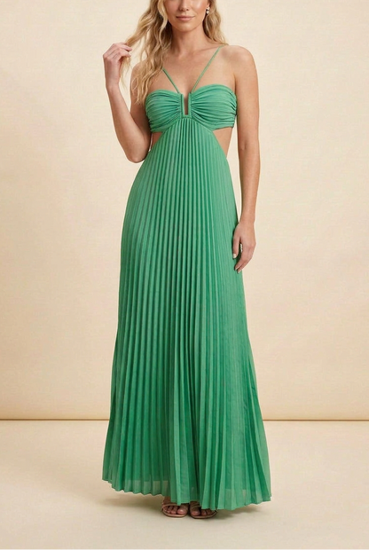 Aubrey | Halter Front-Pleated Backless Maxi Wedding Guest Dress