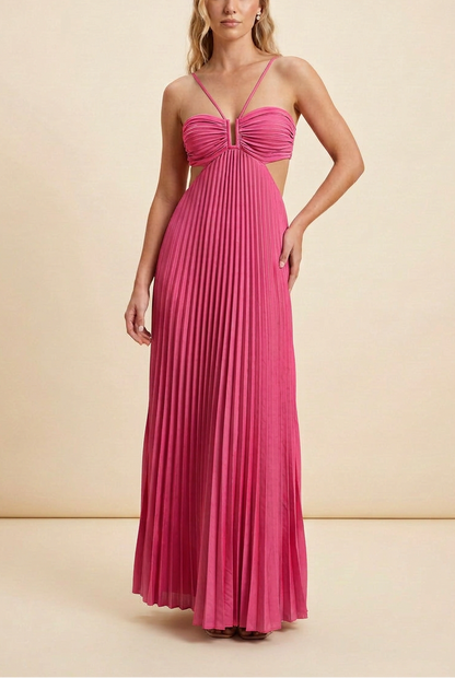 Aubrey | Halter Front-Pleated Backless Maxi Wedding Guest Dress