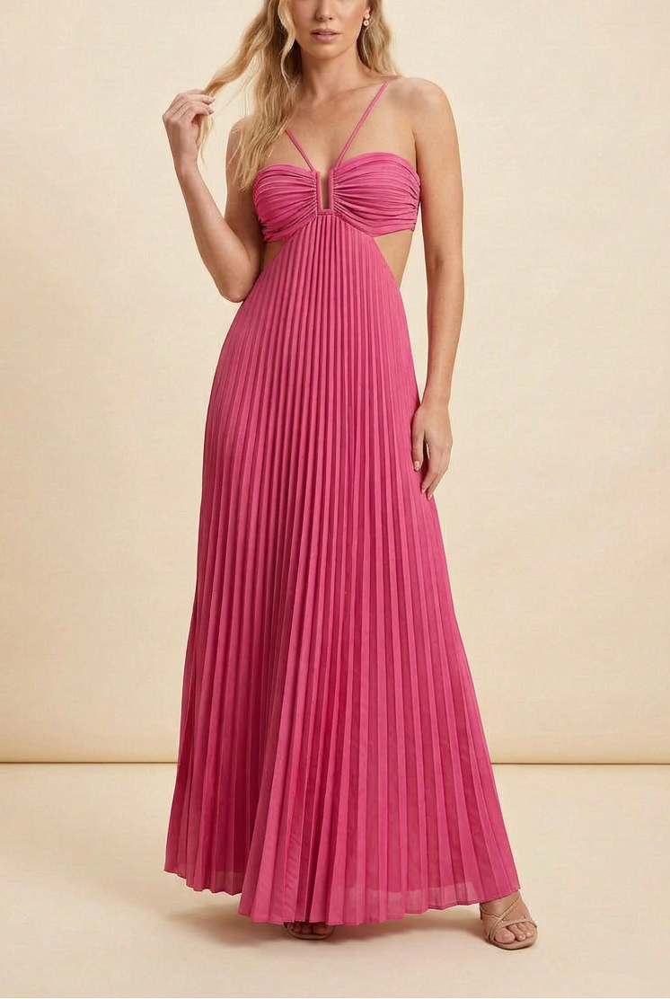 Aubrey | Halter Front-Pleated Backless Maxi Wedding Guest Dress