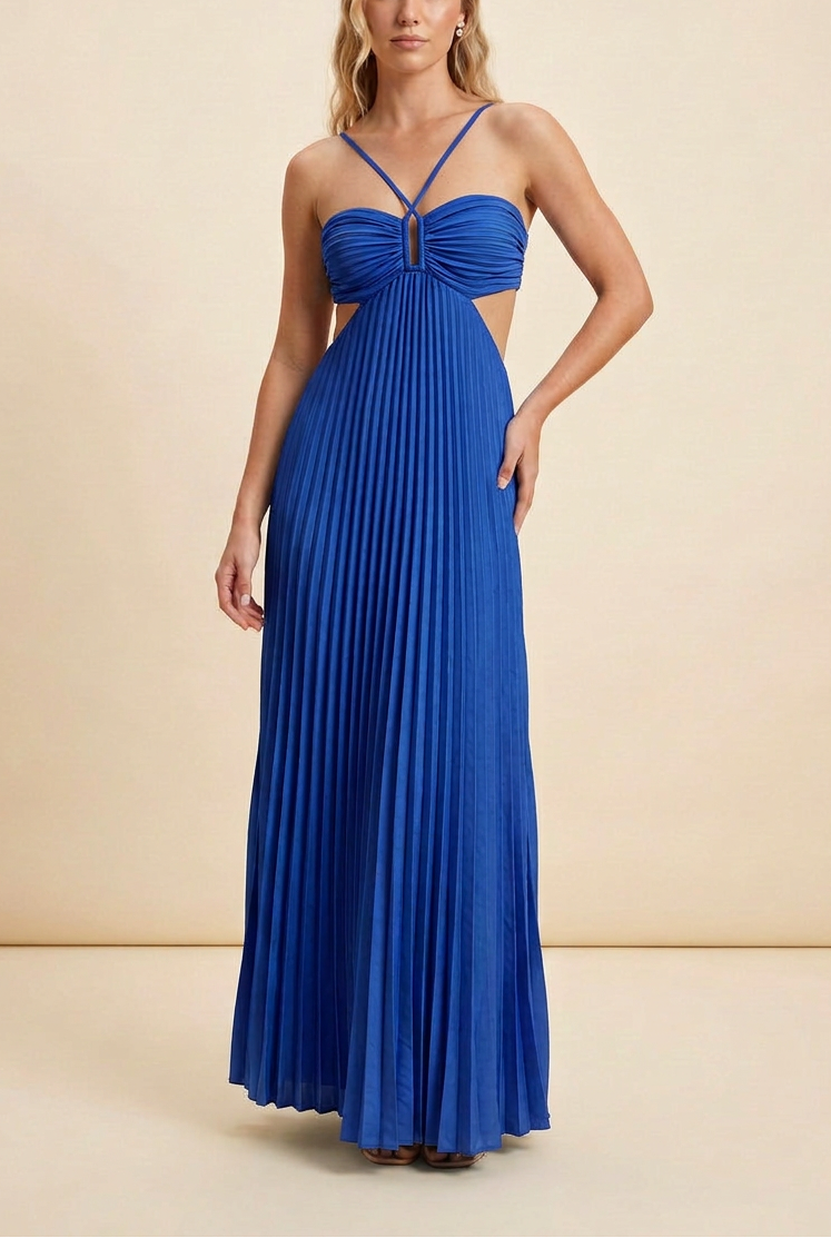 Aubrey | Halter Front-Pleated Backless Maxi Wedding Guest Dress