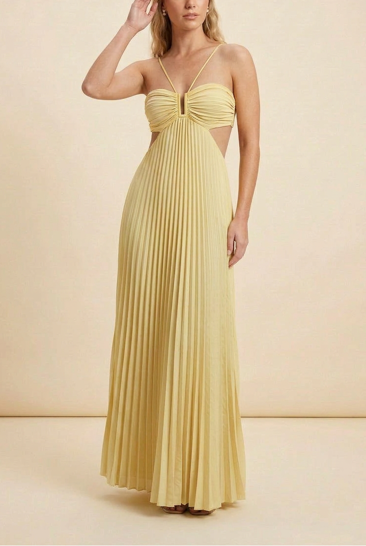 Aubrey | Halter Front-Pleated Backless Maxi Wedding Guest Dress