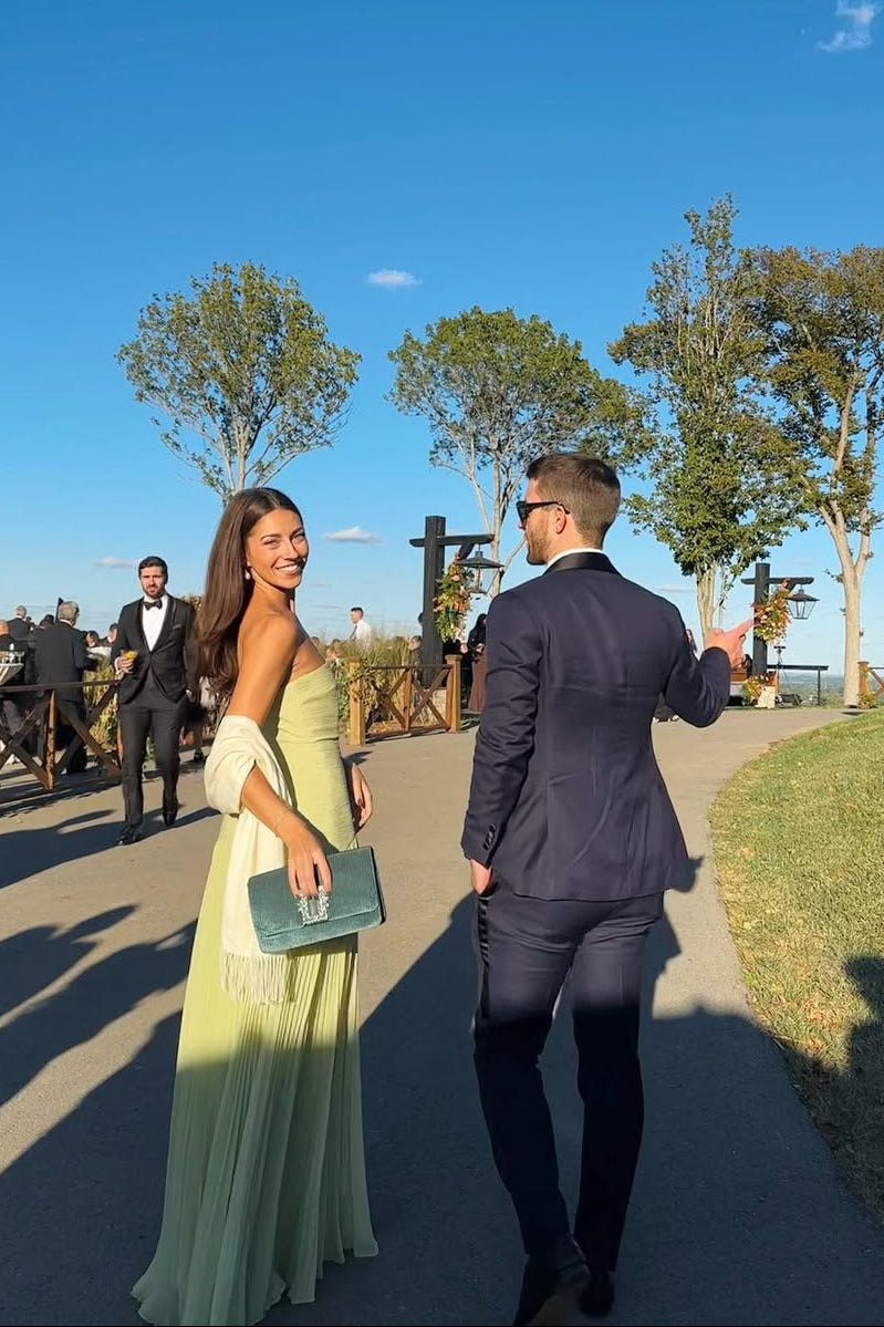 Ingrid | Bandeau Strapless Drop Waist Wedding Guest Maxi Dress