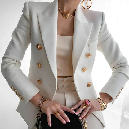 Women's Double-Breasted Blazer with Gold Buttons and Tailored Peak Lapel