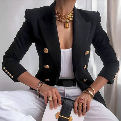 Women's Double-Breasted Blazer with Gold Buttons and Tailored Peak Lapel