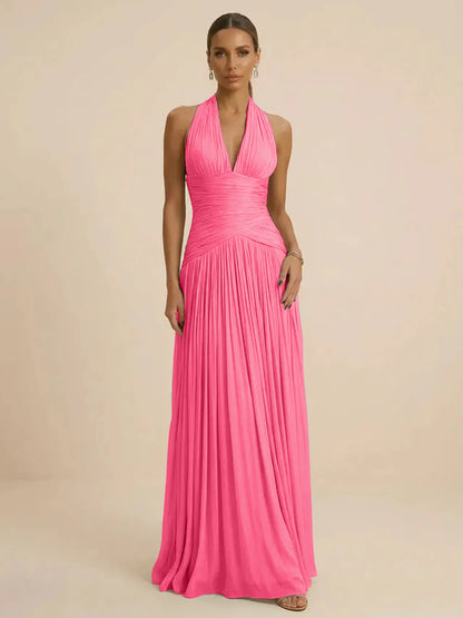 Sage | Halter Neck Pleated Ruched Chiffon Summer Wedding Guest Dress