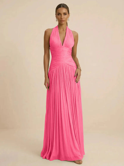 Sage | Halter Neck Pleated Ruched Chiffon Summer Wedding Guest Dress