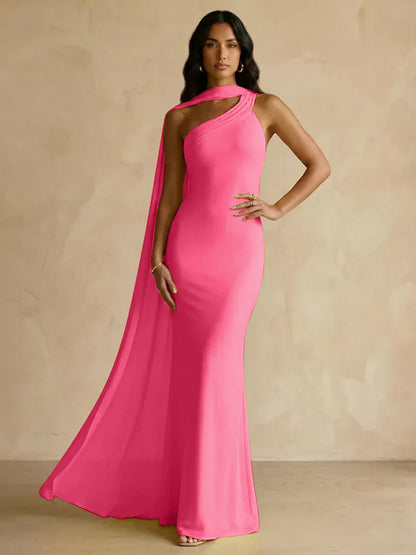 Capey | One Shoulder Crepe Sheath Chiffon Bridesmaid Dress