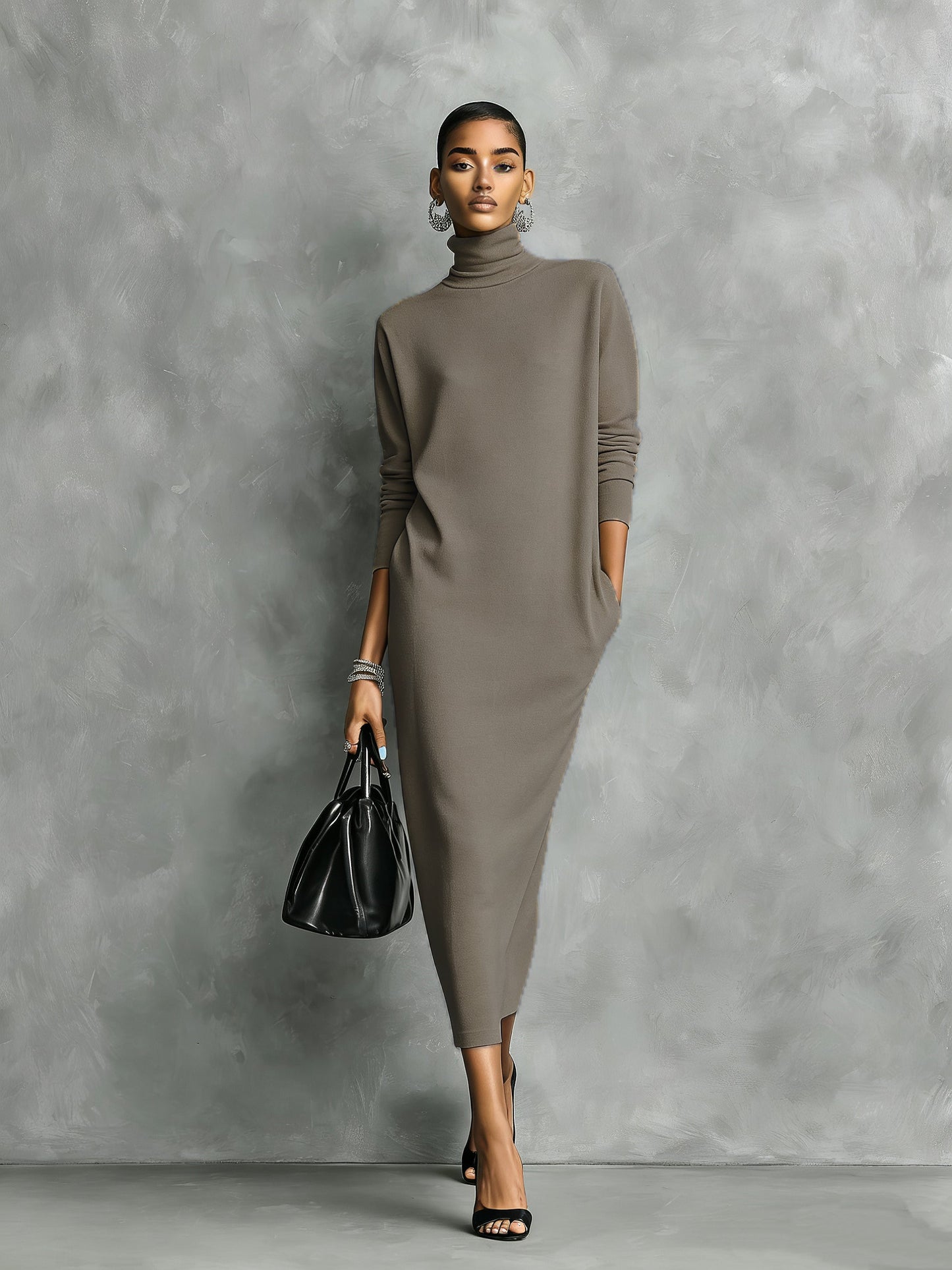Women's Black Turtleneck Knit Midi Dress