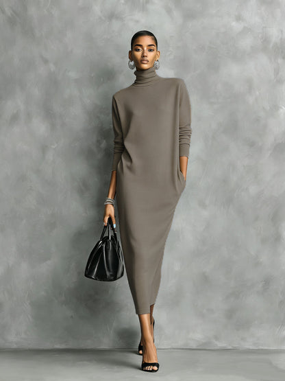 Women's Black Turtleneck Knit Midi Dress