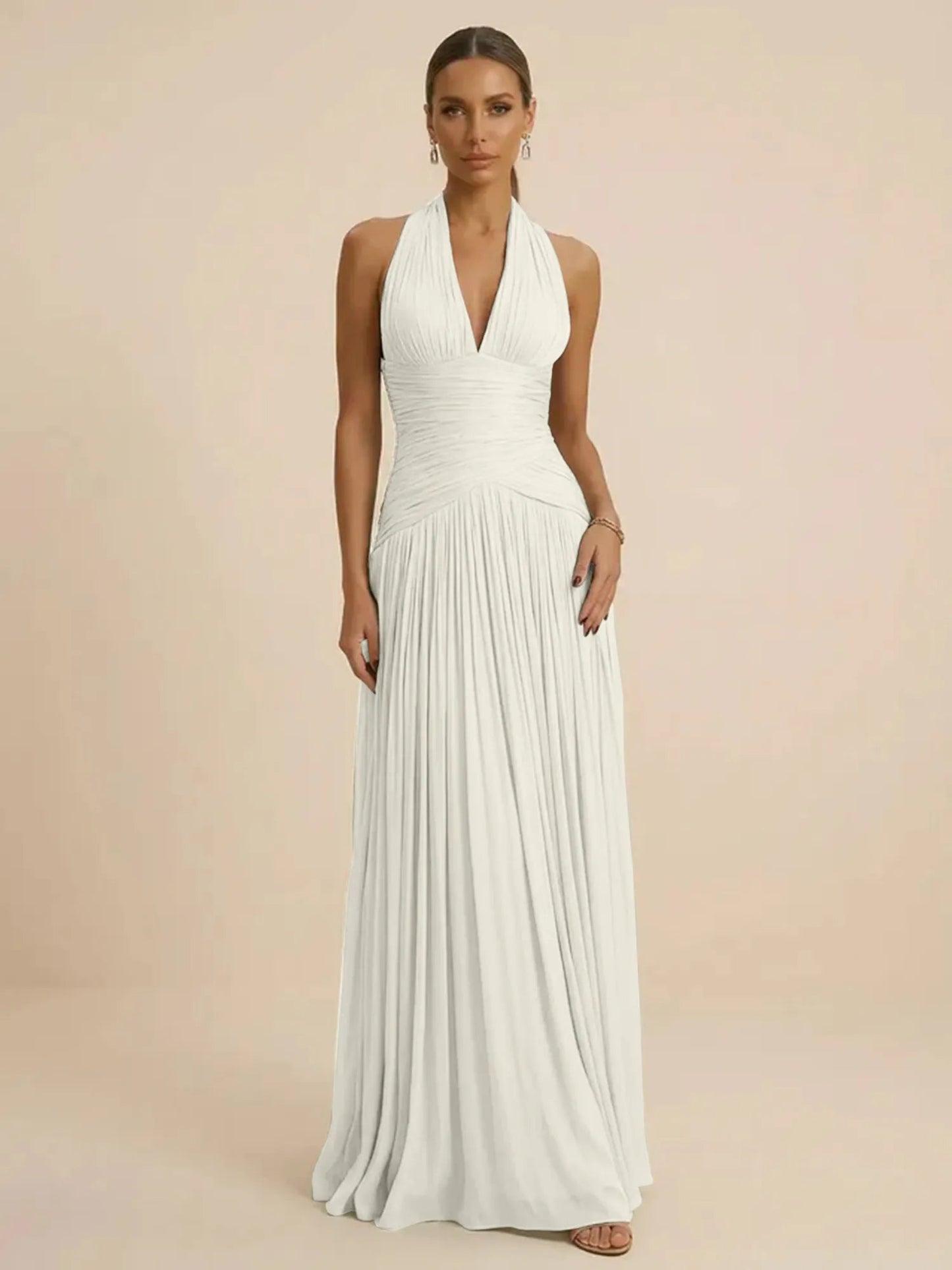 Sage | Halter Neck Pleated Ruched Chiffon Summer Wedding Guest Dress