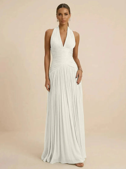 Sage | Halter Neck Pleated Ruched Chiffon Summer Wedding Guest Dress