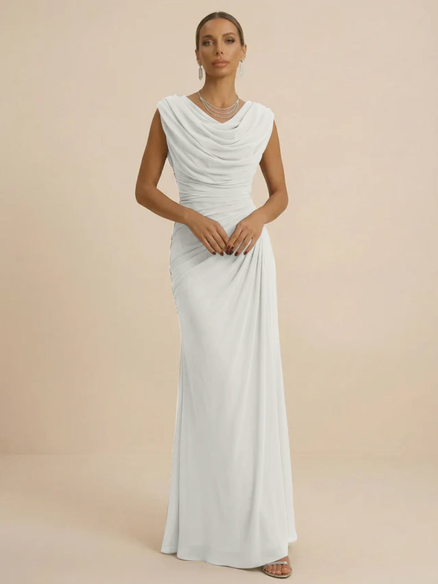 Mist | Draped Cowl Neck Ruched Chiffon Wedding Guest Dress