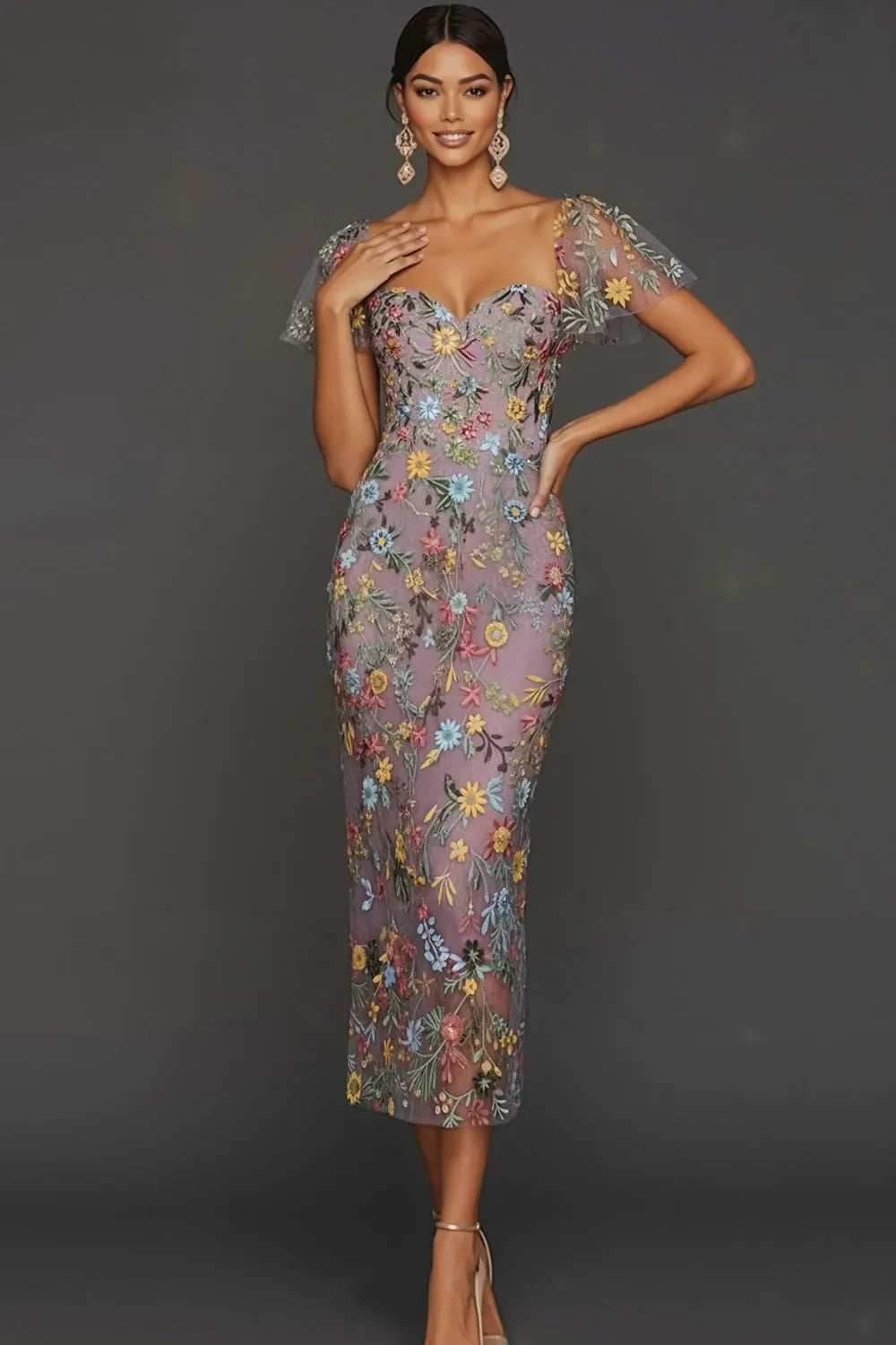 Sally | Botanical Print Embroidered Summer Wedding Guest Midi Dress