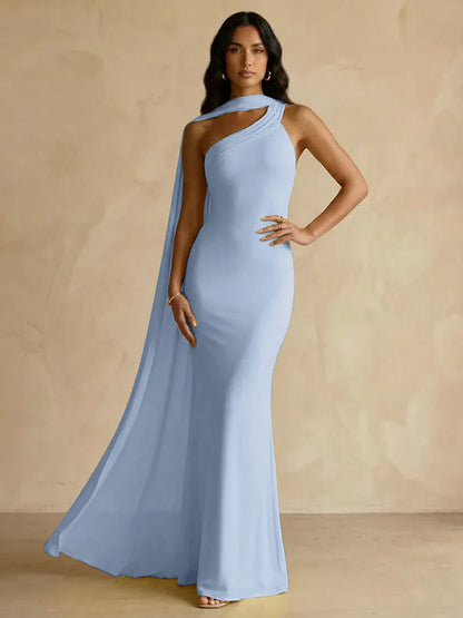 Capey | One Shoulder Crepe Sheath Chiffon Bridesmaid Dress