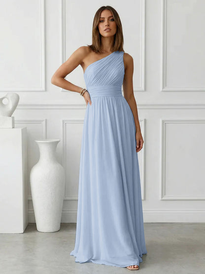 Azure | One Shoulder Ruched Chiffon Maxi Formal Bridesmaid Dress