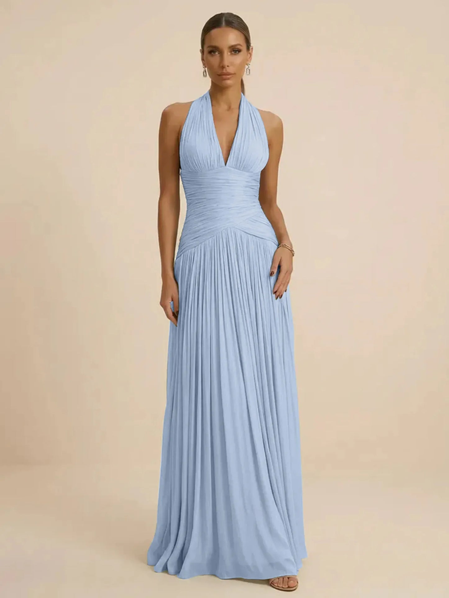 Sage | Halter Neck Pleated Ruched Chiffon Summer Wedding Guest Dress