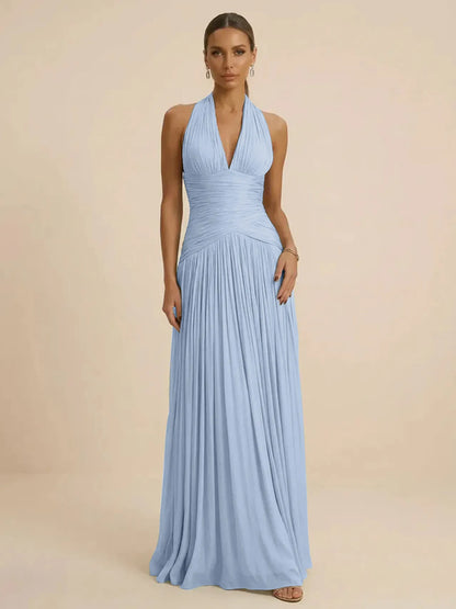 Sage | Halter Neck Pleated Ruched Chiffon Summer Wedding Guest Dress