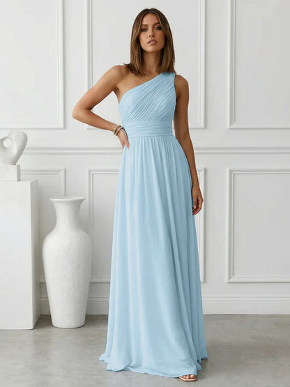 Azure | One Shoulder Ruched Chiffon Maxi Formal Bridesmaid Dress