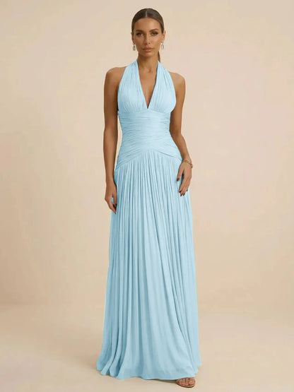 Sage | Halter Neck Pleated Ruched Chiffon Summer Wedding Guest Dress
