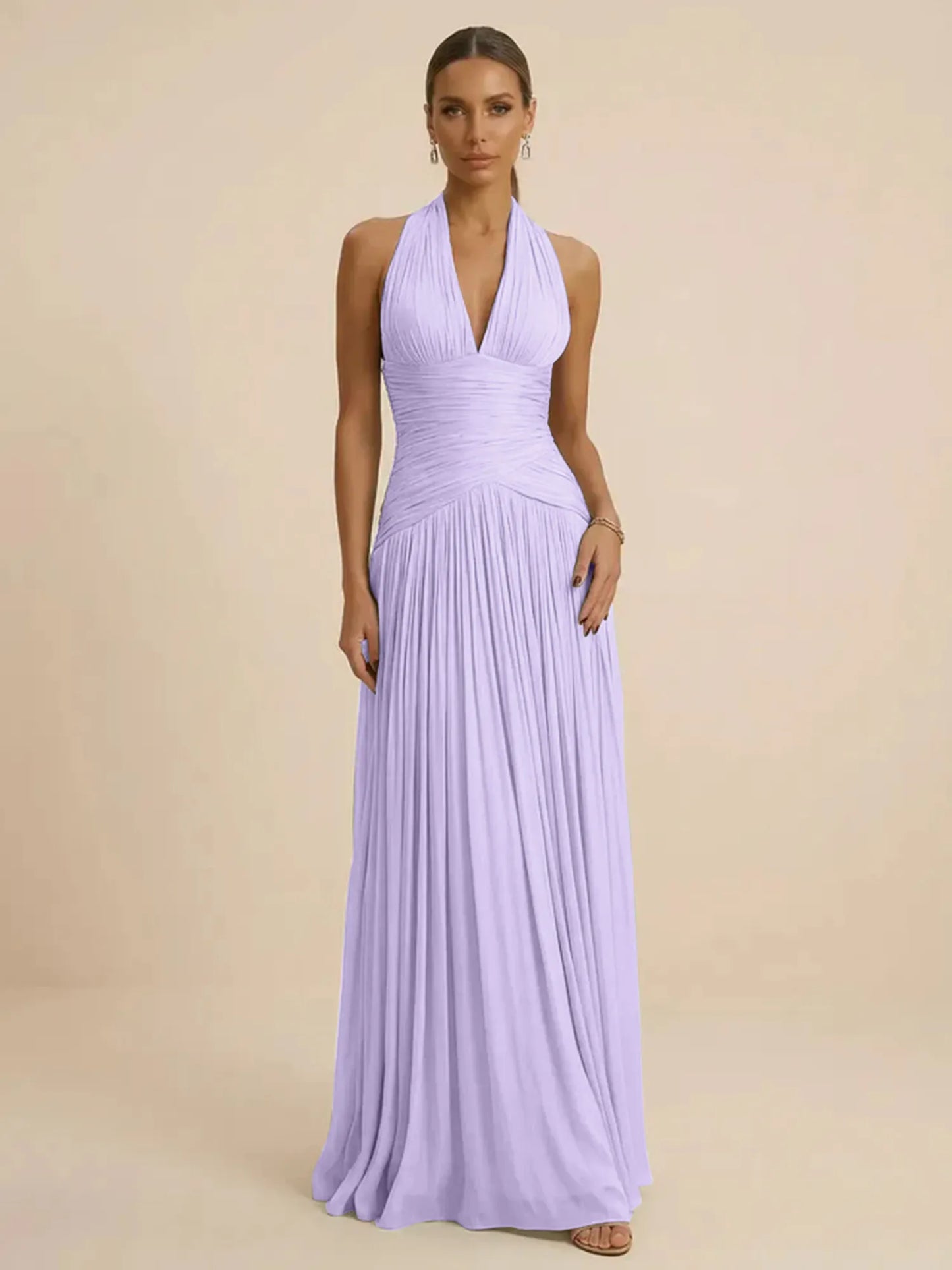 Sage | Halter Neck Pleated Ruched Chiffon Summer Wedding Guest Dress