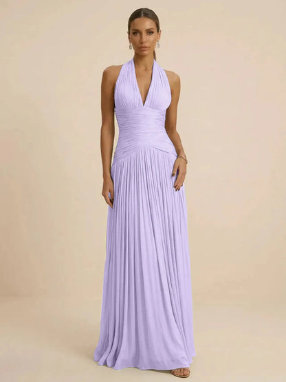 Sage | Halter Neck Pleated Ruched Chiffon Summer Wedding Guest Dress