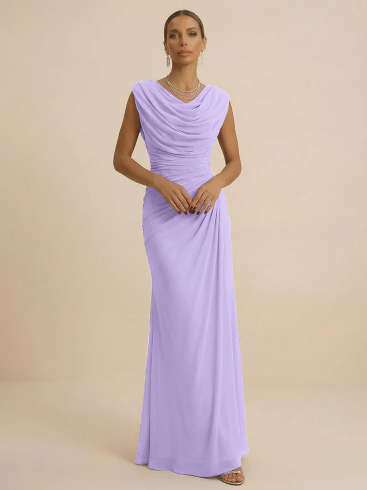 Mist | Draped Cowl Neck Ruched Chiffon Wedding Guest Dress