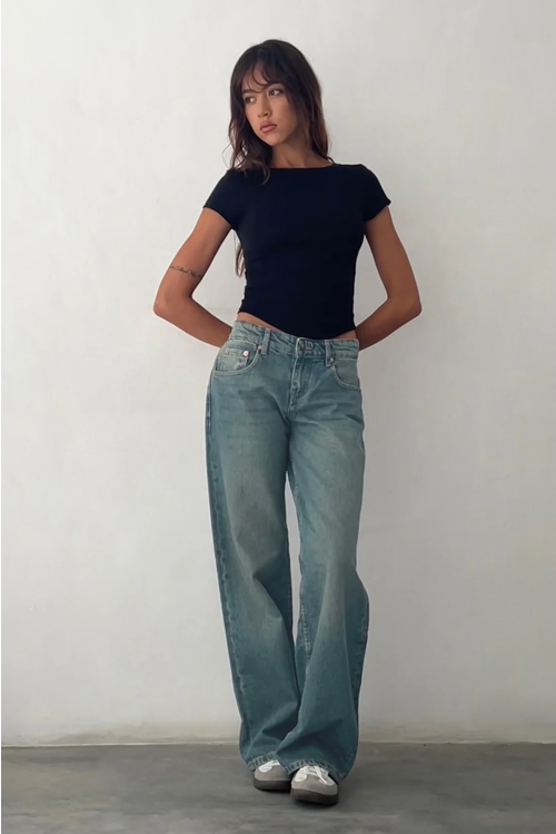 Halston | Washed Black Low Rise Wide Leg Jeans
