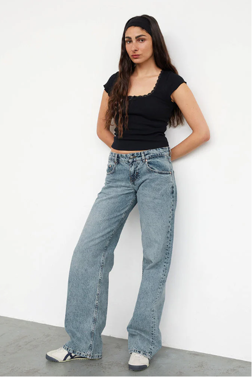 Halston | Washed Black Low Rise Wide Leg Jeans