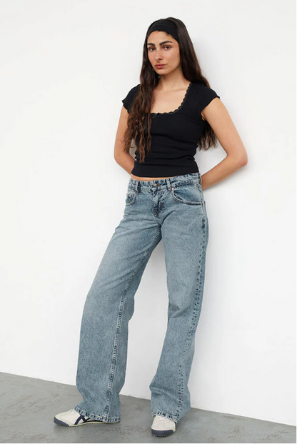 Halston | Washed Black Low Rise Wide Leg Jeans
