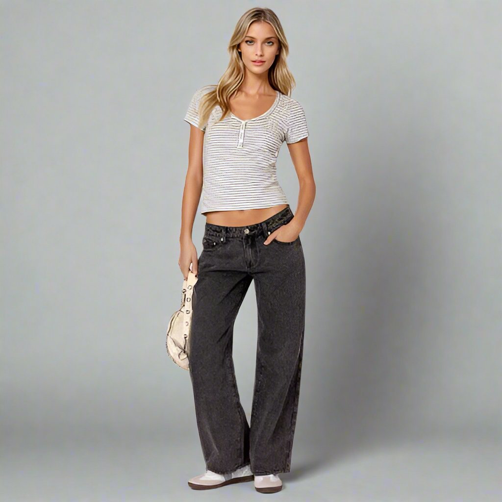 Halston | Washed Black Low Rise Wide Leg Jeans