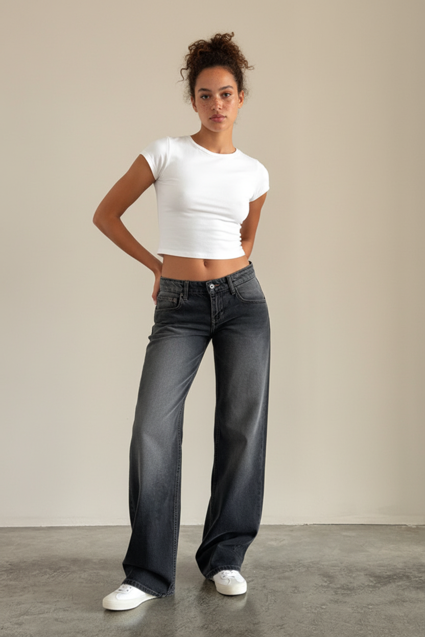 Halston | Washed Black Low Rise Wide Leg Jeans