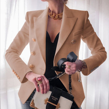 Women's Double-Breasted Blazer with Gold Buttons and Tailored Peak Lapel