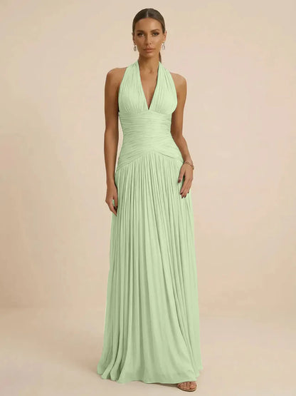 Sage | Halter Neck Pleated Ruched Chiffon Summer Wedding Guest Dress