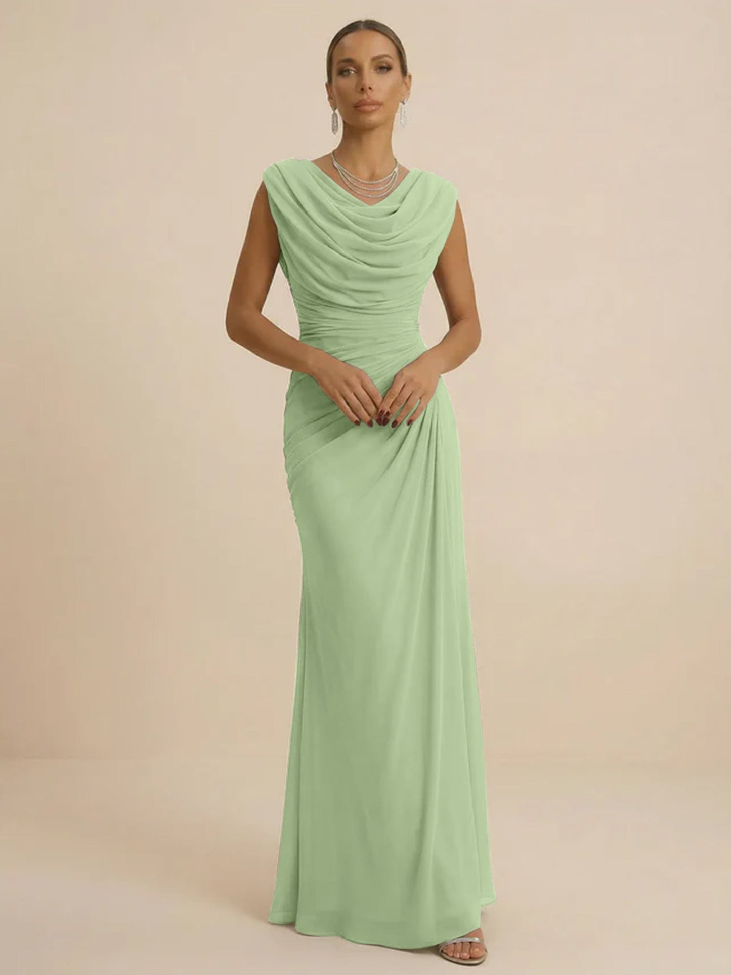 Mist | Draped Cowl Neck Ruched Chiffon Wedding Guest Dress