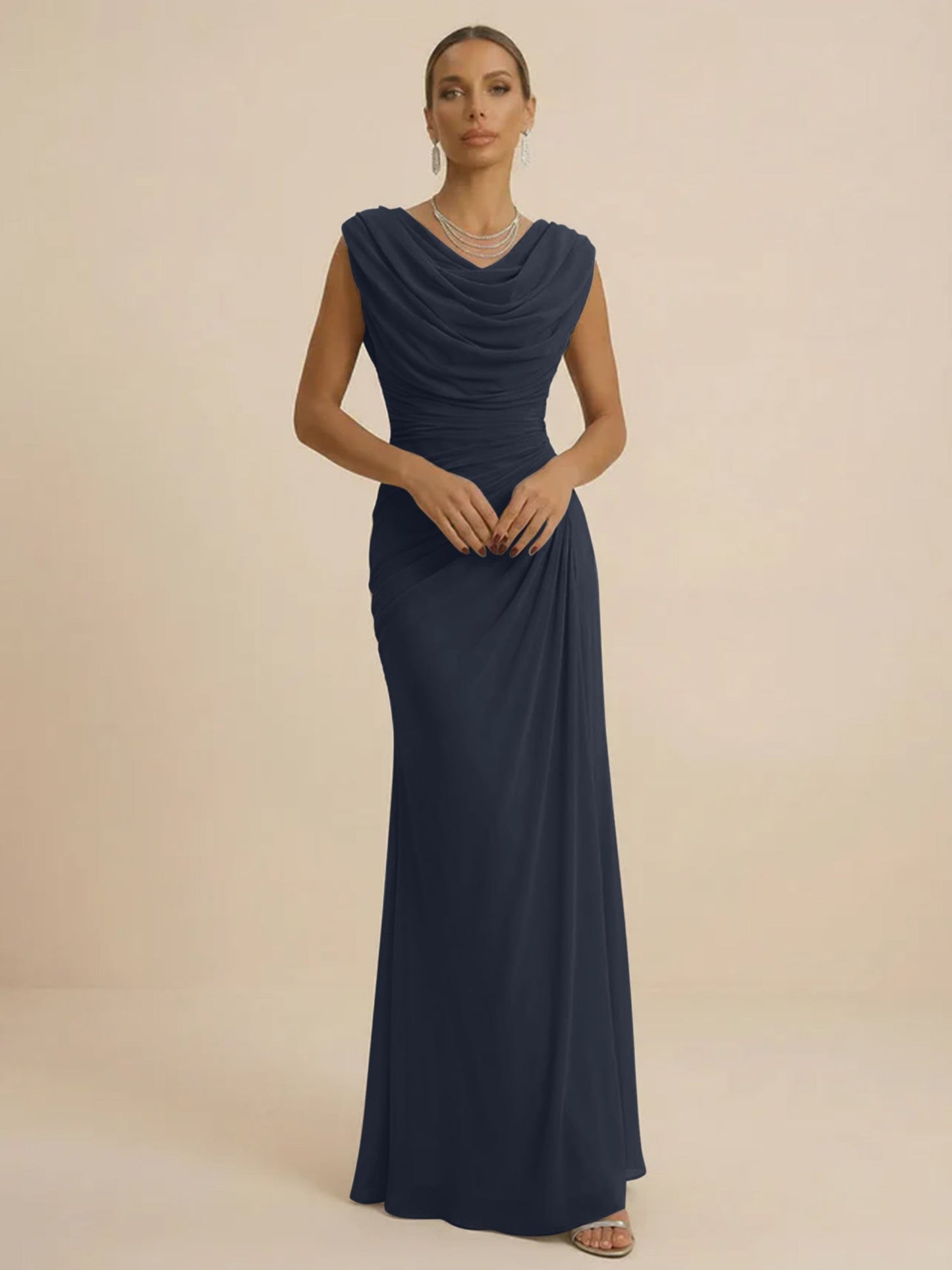 Mist | Draped Cowl Neck Ruched Chiffon Wedding Guest Dress