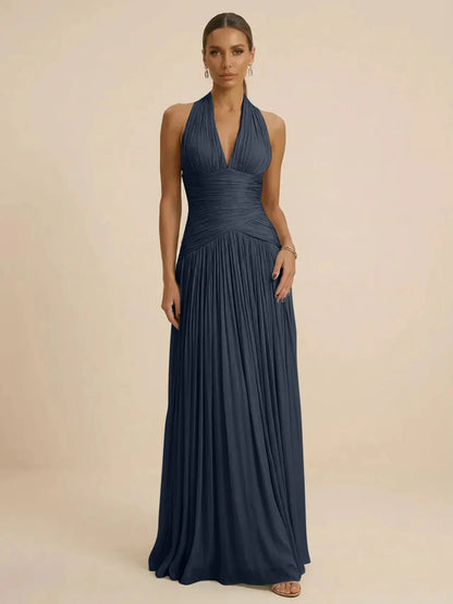Sage | Halter Neck Pleated Ruched Chiffon Summer Wedding Guest Dress