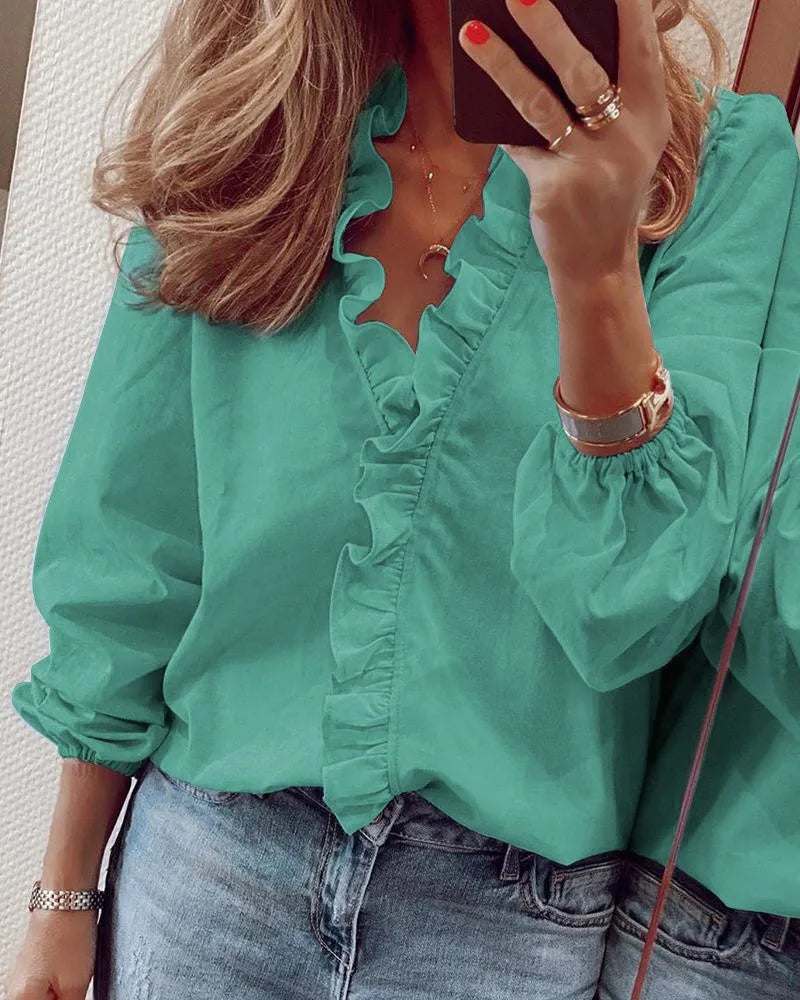 Bria | Tiered Ruffle V Neck Long Sleeve Spring Blouse