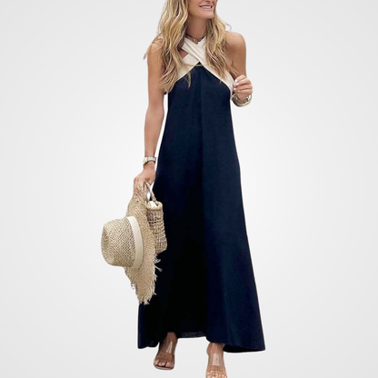 Summer | Linen Crossover Halter Neck Maxi Sundress