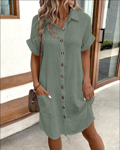 Melissa | V-neck Button Up Summer Linen T-Shirt Mini Dress