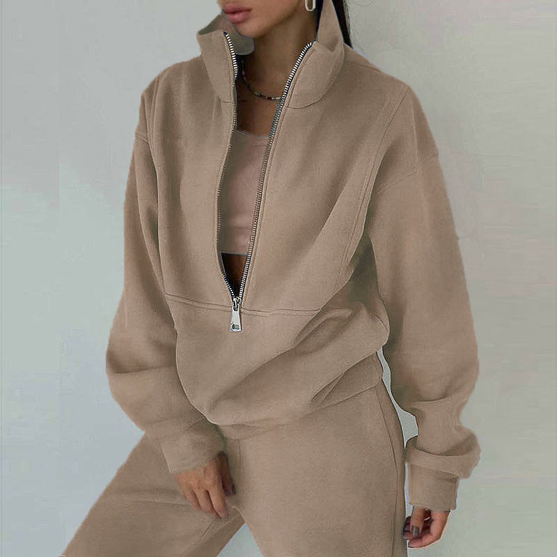 Women's Two-Piece Tracksuit with Half-Zip Top and High Waisted Joggers